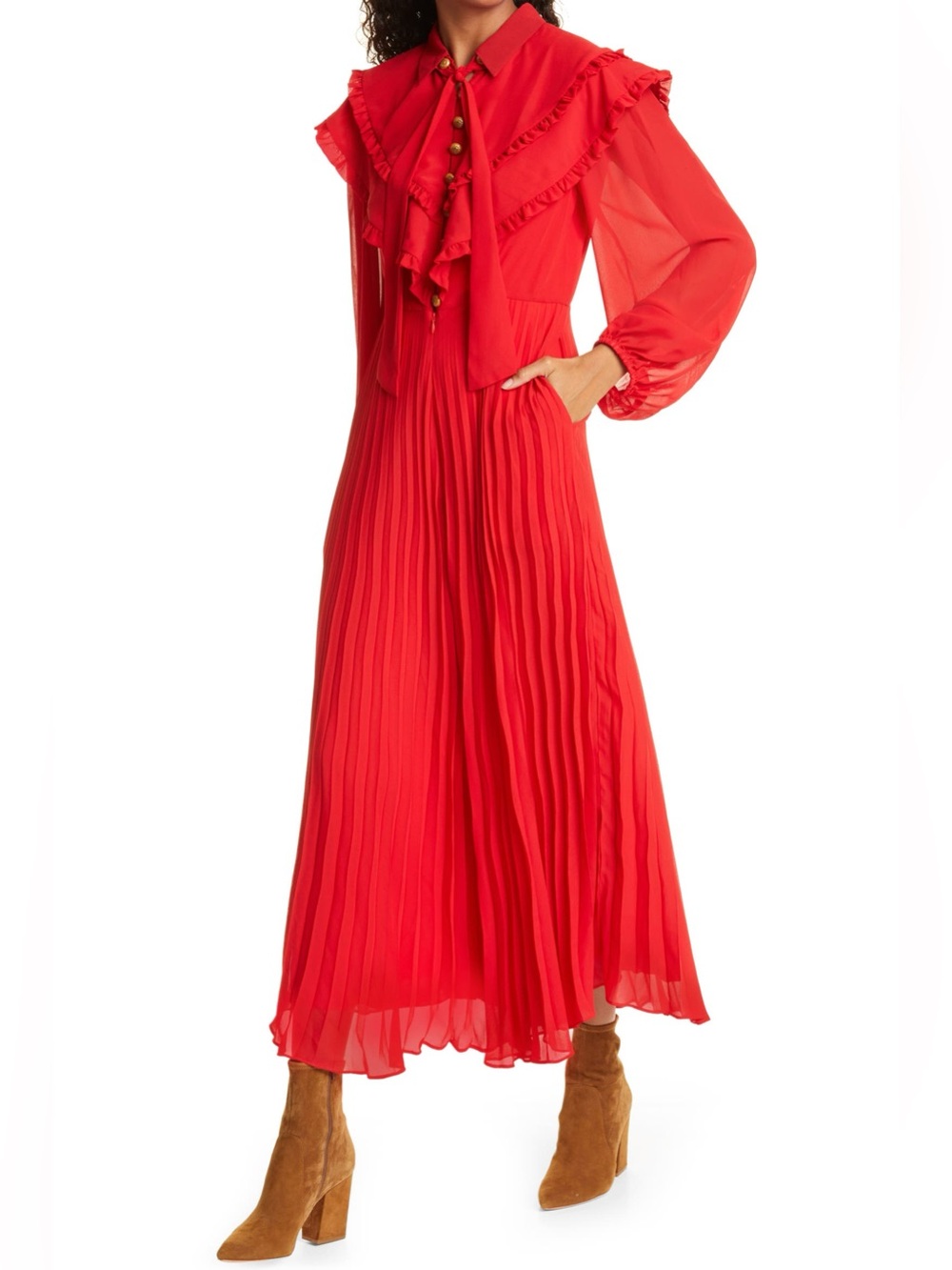 FARM Rio Women's Red Maxi Pleated Jumpsuit Neck Tie Buttons Flowy Sz Medium DM3